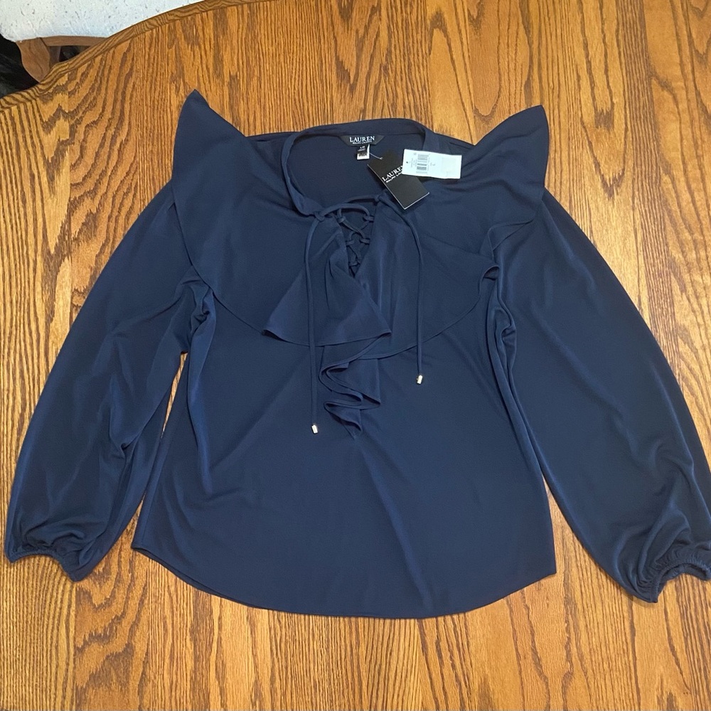 NWT Lauren Ralph Lauren Long Sleeve Ruffle Blouse Sz L Style # 200909211001 Blue